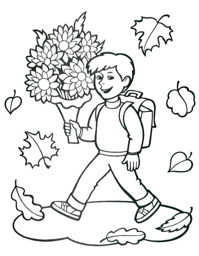 Розмальовки  Учень іде до школи. Завантажити розмальовку учень , квіти.  Роздрукувати ,шкільне приладдя,
