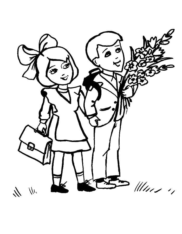 Coloring The children go to the first lesson with flowers. Category the first of September. Tags:  children, backpack, flowers.