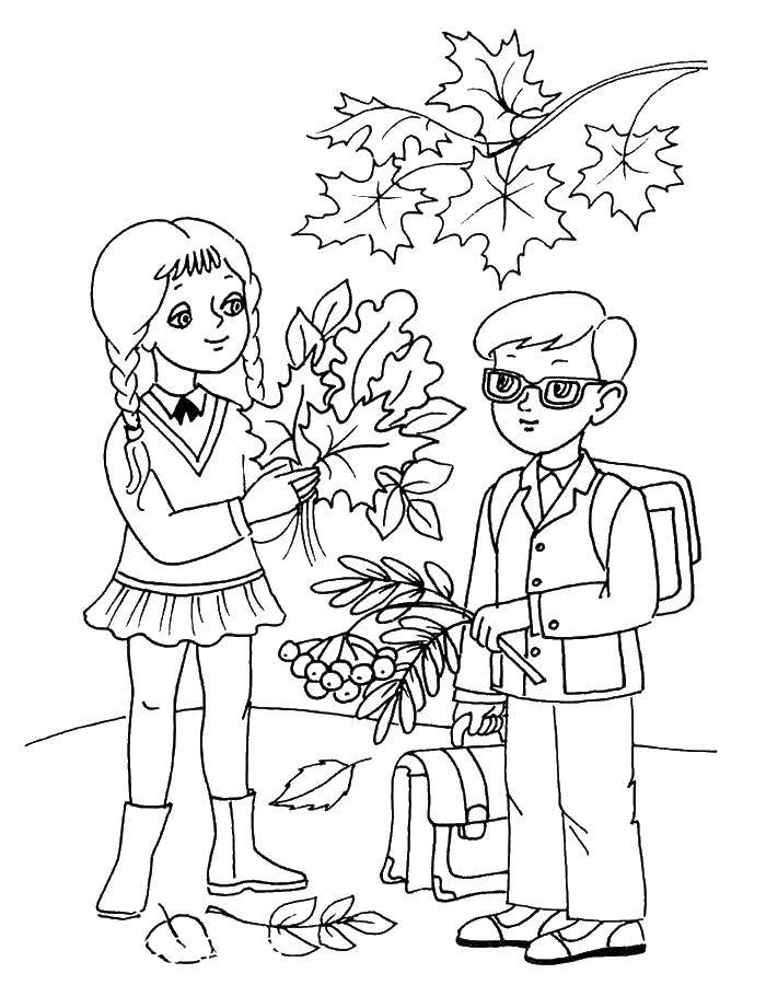 Coloring The children go to the first lesson. Category the first of September. Tags:  children, autumn.