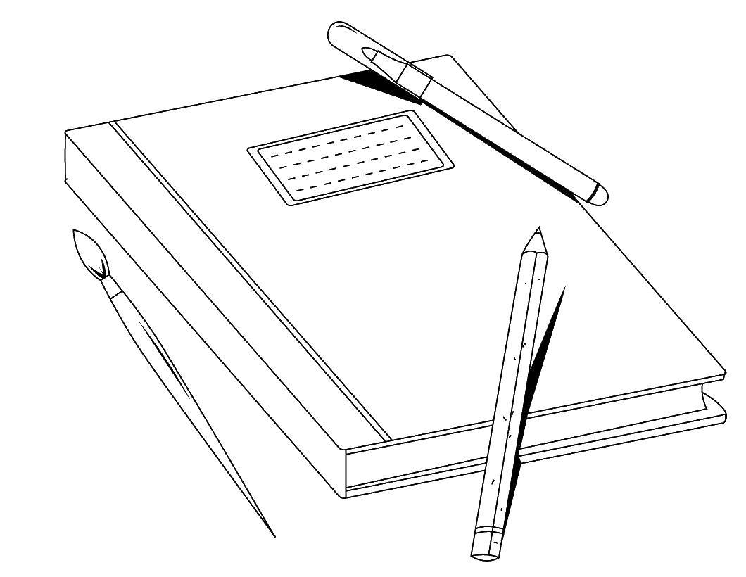 Название: Раскраска Кисточка карандаш ручка и тетрадь. Категория: школьные принадлежности. Теги: кисточка, карандаш, ручка, тетрадь.