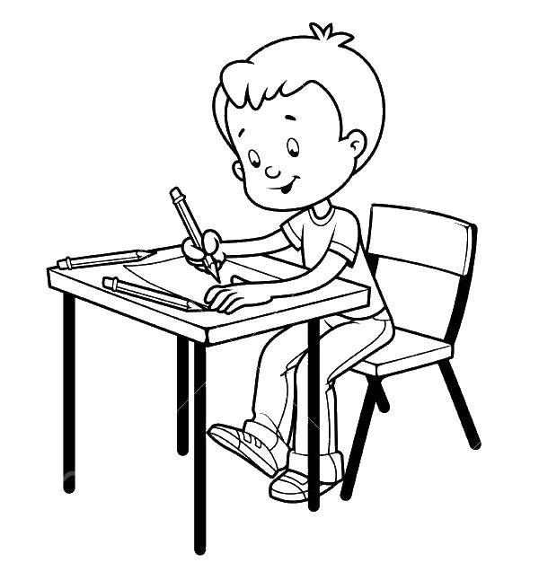 Название: Раскраска Мальчик сидит за партой и рисует. Категория: школа. Теги: мальчик, парта, стул, карандаши.