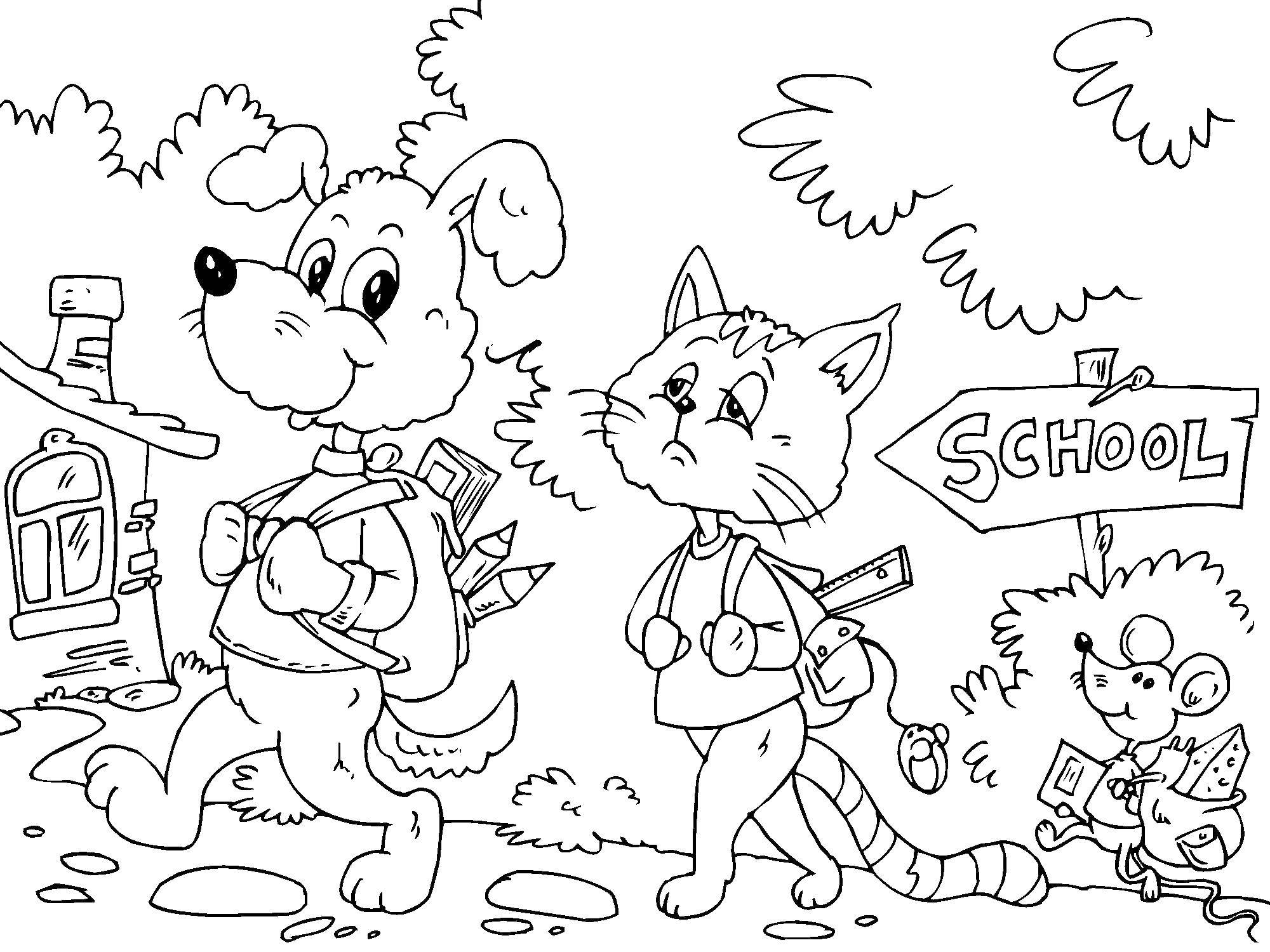 Название: Раскраска Собака кот и мышка идут в школу. Категория: школа. Теги: собака, кот, мышь, школа.