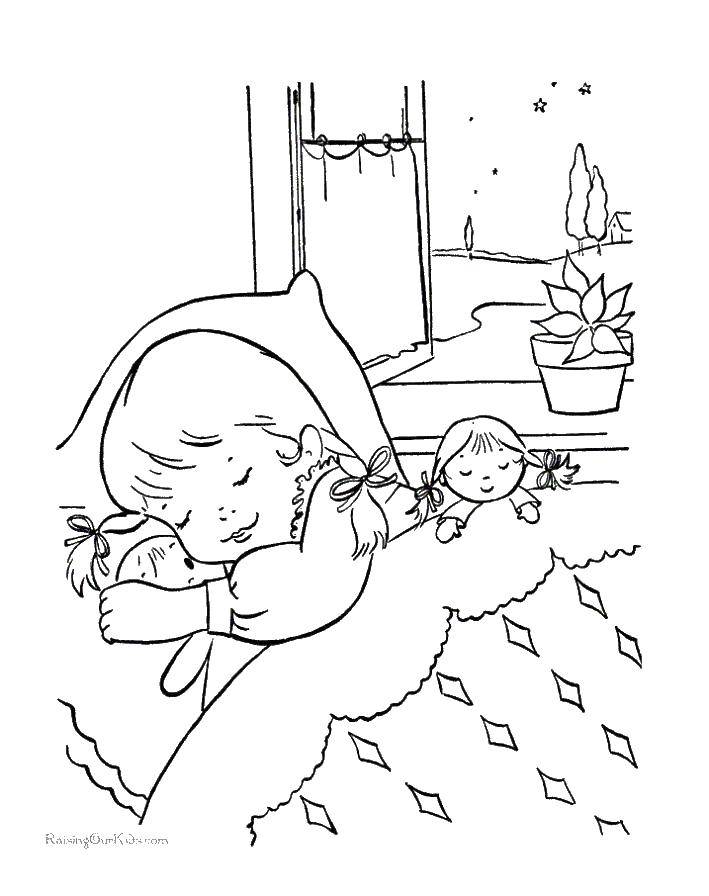 Coloring Girl sleeping. Category coloring pages for girls. Tags:  girl, doll, dream.