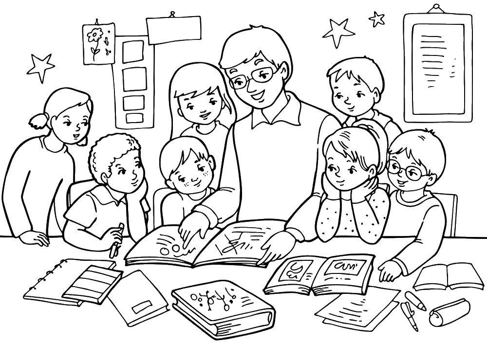 Название: Раскраска Дети вокруг учителя. дети с учителем читают книги в школе. Категория: школа. Теги: урок, школа, книги, дети, учитель.