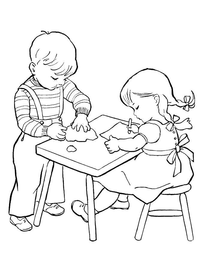 Название: Раскраска Дети за столом что то мастерят девочка рисует мальчик похоже лепит. Категория: школа. Теги: дети.