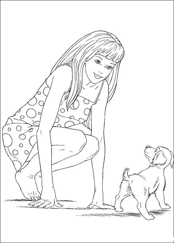 Coloring Girl playing with puppy. Category children. Tags:  girl, puppy.