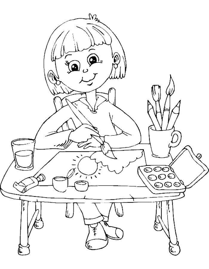 Название: Раскраска Девочка рисует акварелью на бумаге. Категория: школа. Теги: кисточки, девочка, рисует, парта, краски.