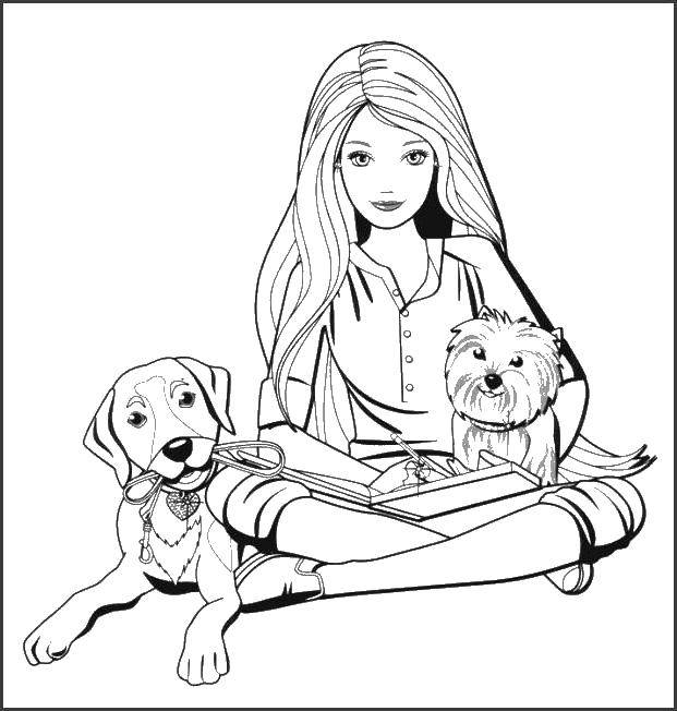 Название: Раскраска Девочка сидит со своими собаками. Категория: Для подростков. Теги: девочка, собаки.