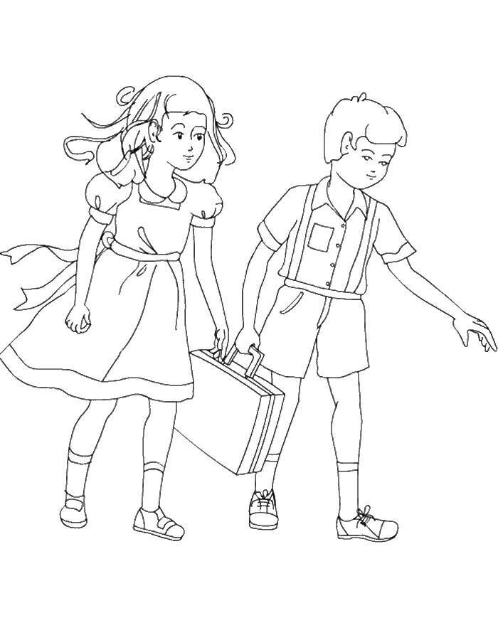 Название: Раскраска Мальчик и девочка идут в школу. Категория: школа. Теги: школа.
