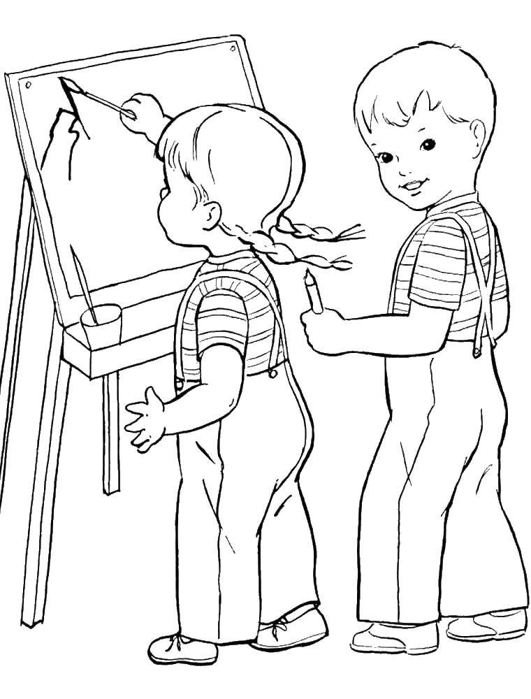 Название: Раскраска Мальчик и девочка рисуют на мольберте. Категория: дети. Теги: дети, рисуют, .