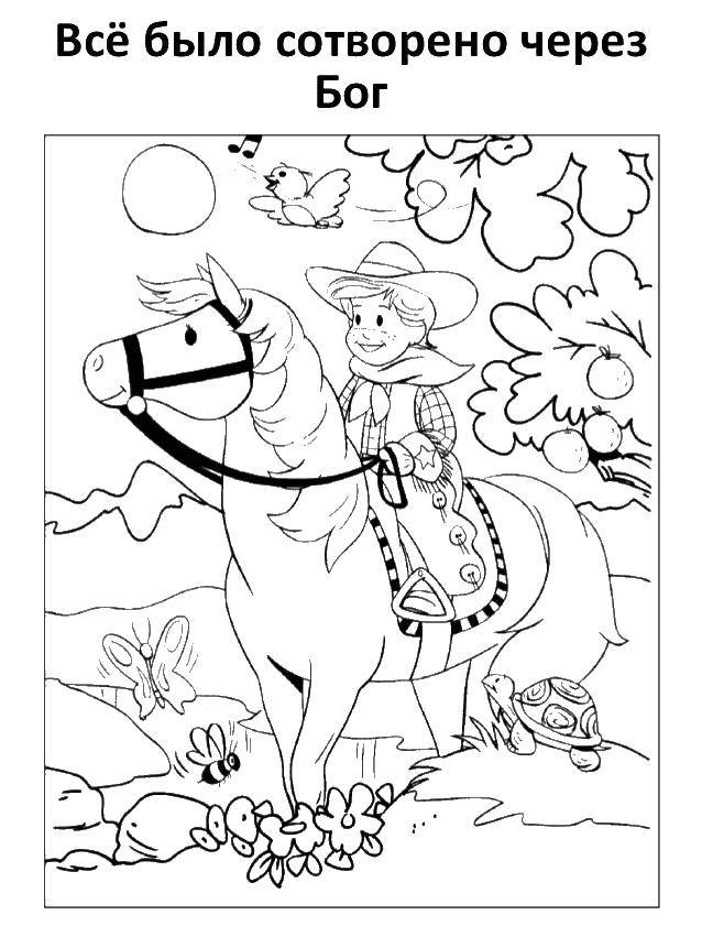 Coloring The boy on the horse. Category coloring for little ones. Tags:  boy, horse, God.