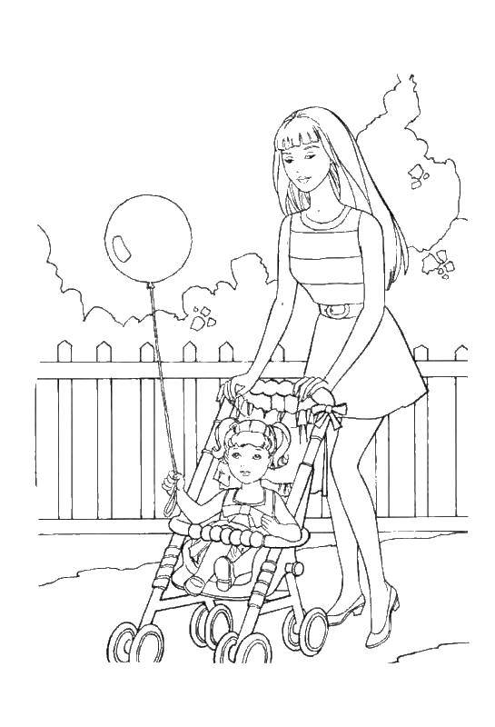 Название: Раскраска Мама с дочкой на коляске гуляют. Категория: мама. Теги: мама, дочка, шарик, забор.