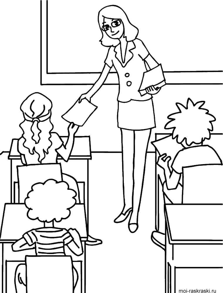 Coloring The teacher and the lesson. Category school. Tags:  teacher, students, lesson.