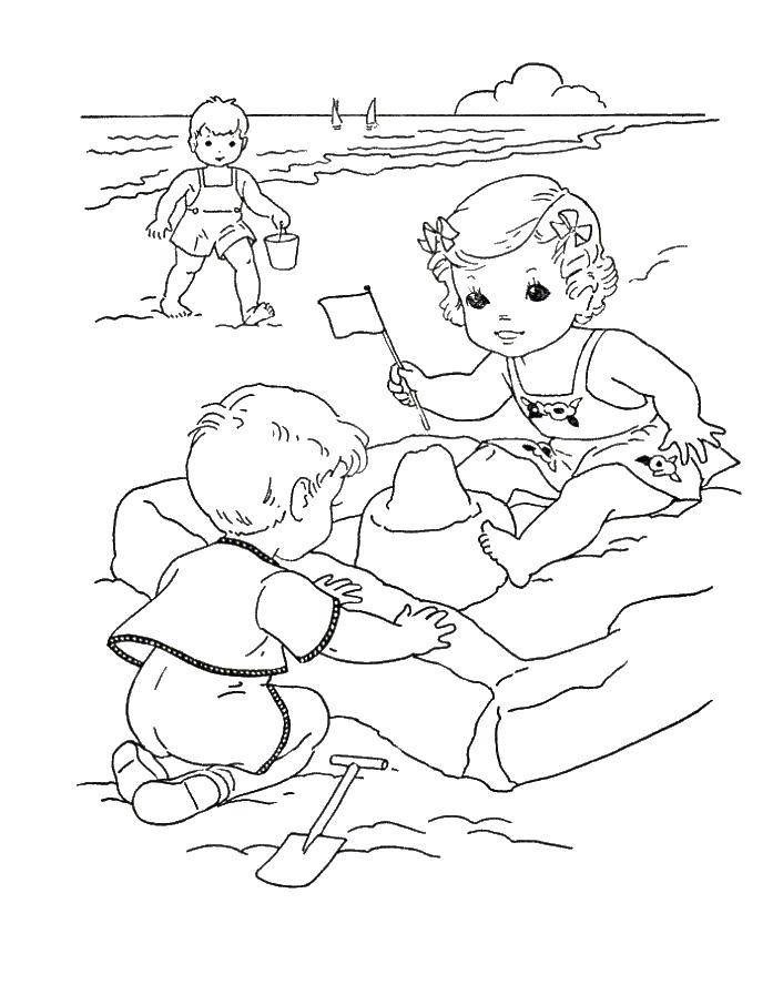 Название: Раскраска Дети на пляже. Категория: Летний пляж. Теги: дети, пляж, игра.