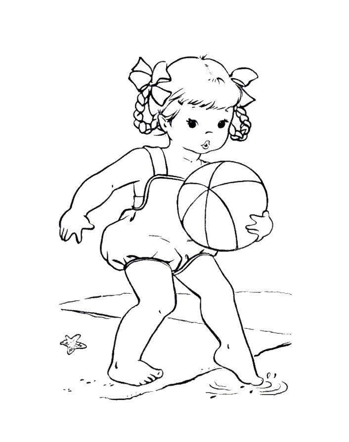 Название: Раскраска Девочка в пляже играет. Категория: Летний пляж. Теги: девочка, игрушки, пляж.
