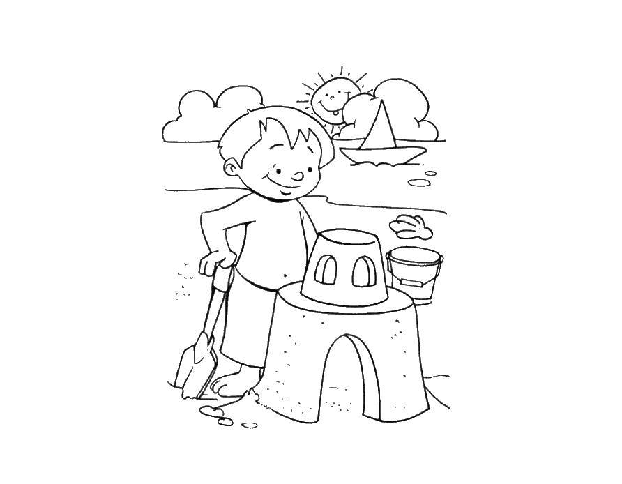 Название: Раскраска Мальчик играет в пляже. Категория: Летний пляж. Теги: мальчик, пляж, замок.