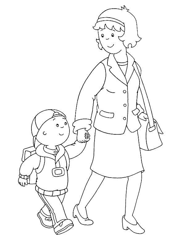 Название: Раскраска Мама провожает сына в школу. Категория: мама с ребенком. Теги: мама, ребенок, школа.