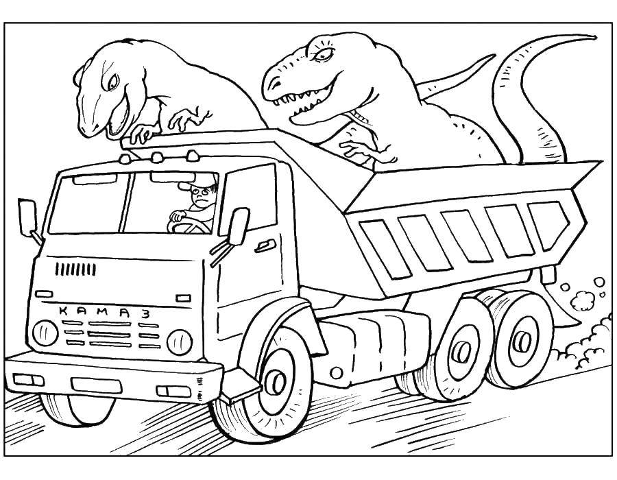 Раскраска Грузовик с динозаврами Скачать ,Грузовик, динозавры,.  Распечатать 