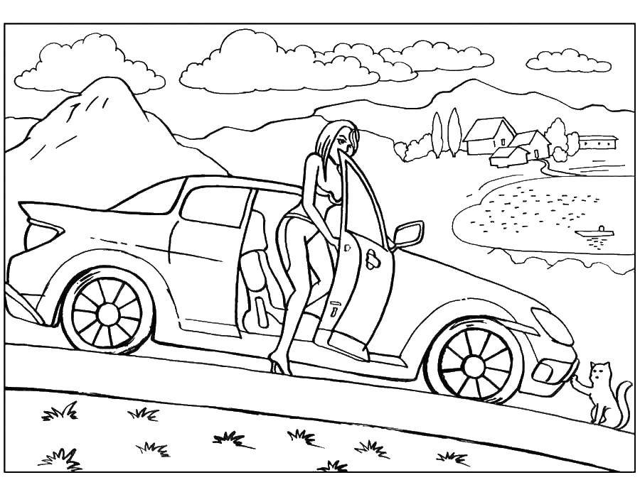 Название: Раскраска Девушка выходит из машины. Категория: машины. Теги: машина.