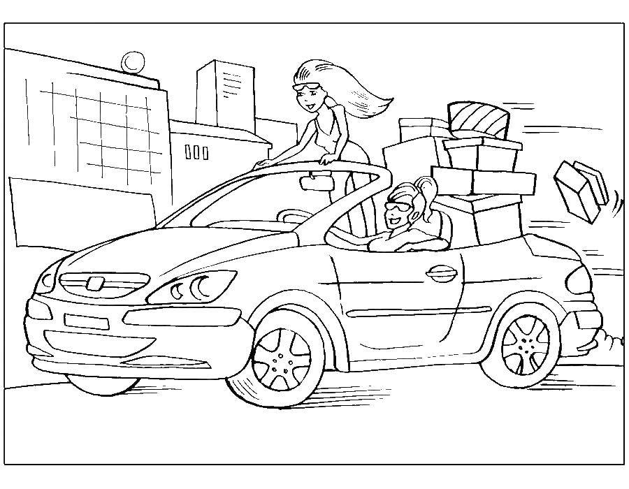Название: Раскраска Девушки едут на машине с покупками. Категория: раскраски. Теги: машина.