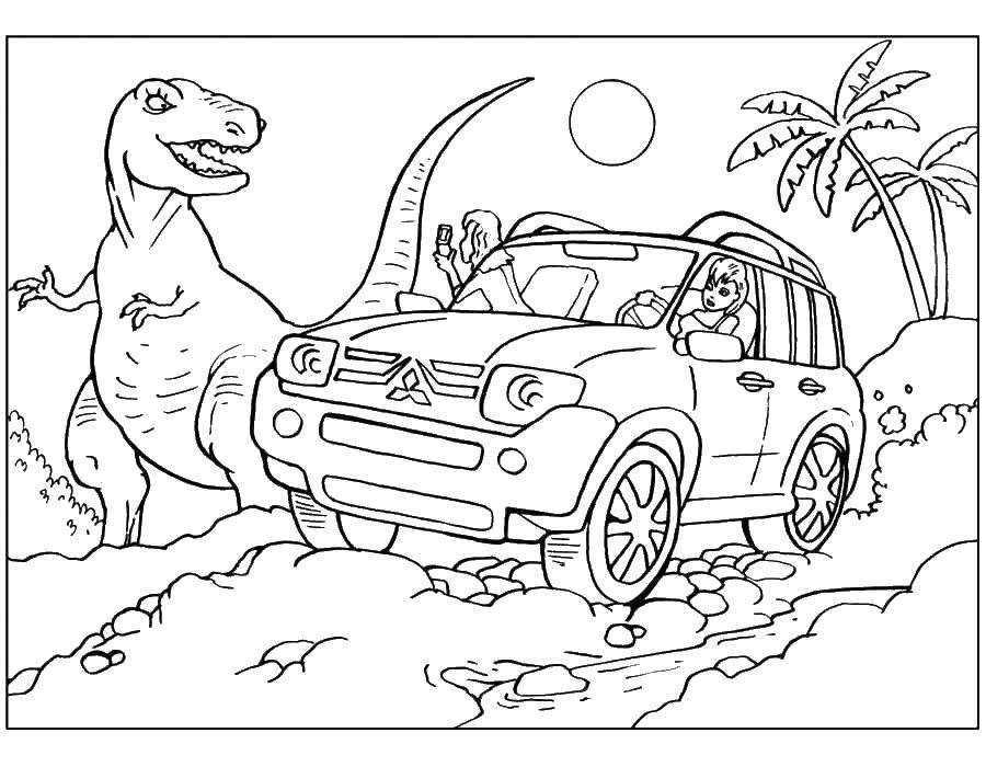 Название: Раскраска Динозавр и машина. Категория: машины. Теги: Динозавр, машина.