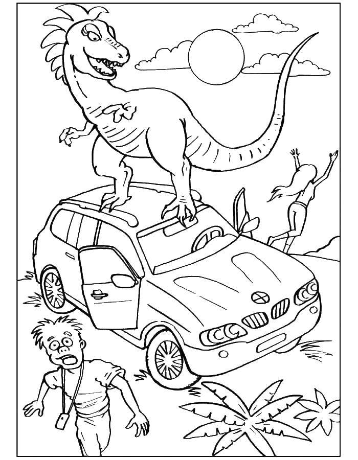 Название: Раскраска Динозавр напал на машину. Категория: машины. Теги: машина, динозавр.