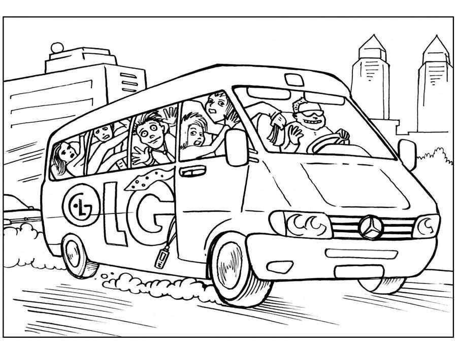 Coloring The minibus with passengers. Category machine . Tags:  Mercedes, car.