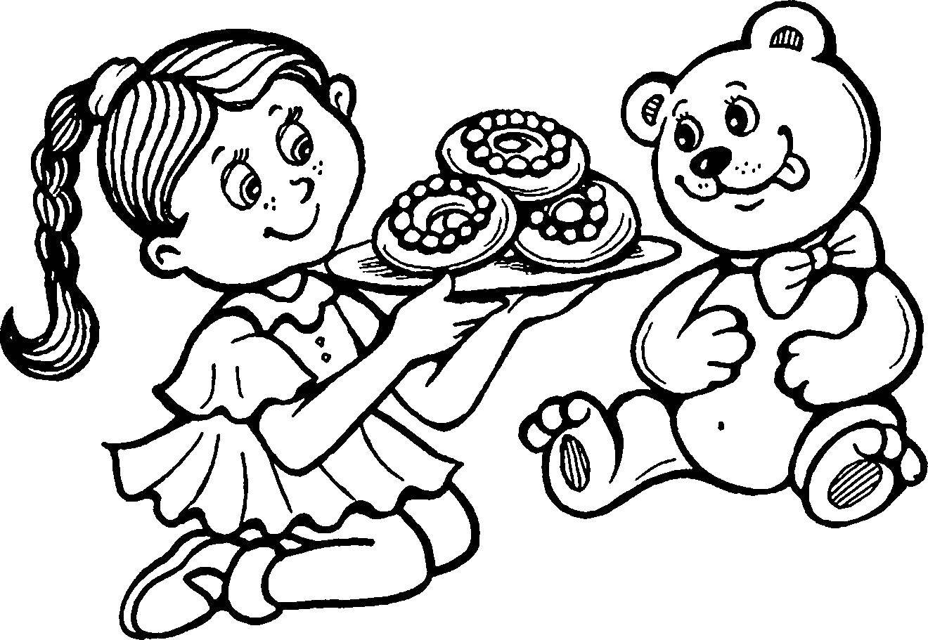 Название: Раскраска Девочка кормит мишку. Категория: Для девочек. Теги: девочка, кормит, мишка.