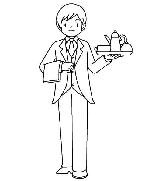 Coloring Waiter with tray. Category a profession. Tags:  professions, waiter.