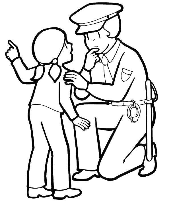 Название: Раскраска Полицейский помогает девочке. Категория: полицейский. Теги: Полиция, машина, .
