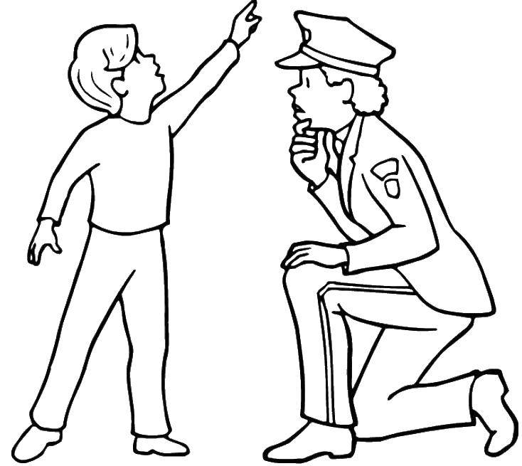Название: Раскраска Полицейский помогает мальчику. Категория: полицейский. Теги: Полиция, машина.