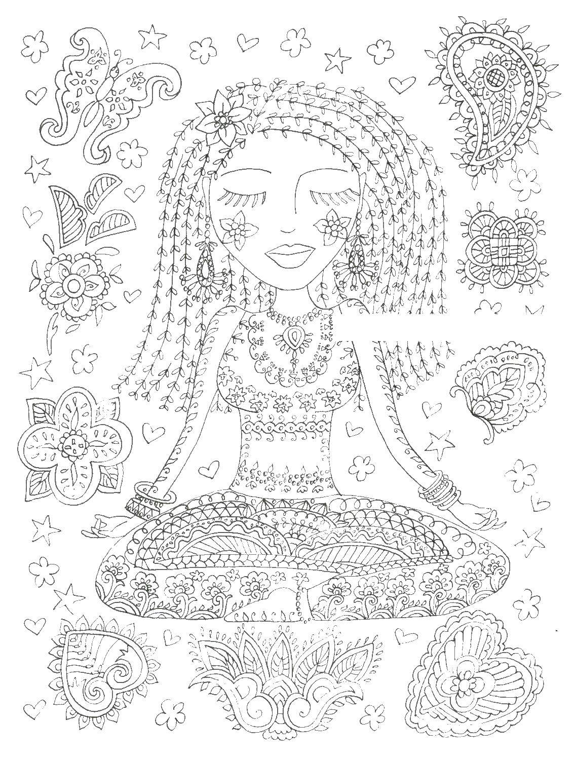 Coloring Girl meditating. Category coloring antistress. Tags:  the girl, yoga.