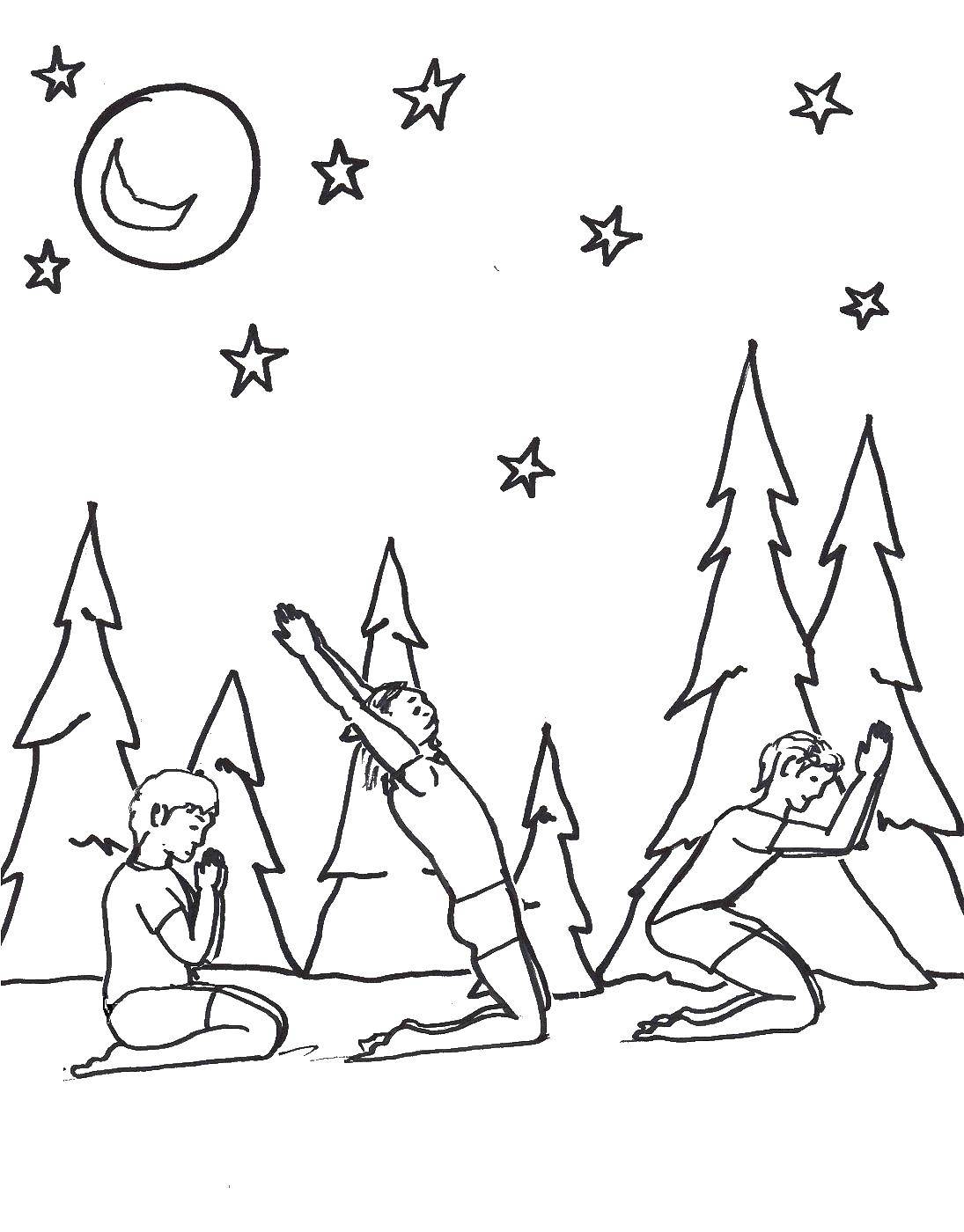 Coloring People do yoga outdoors in the woods. Category yoga. Tags:  forest, sport, nature.