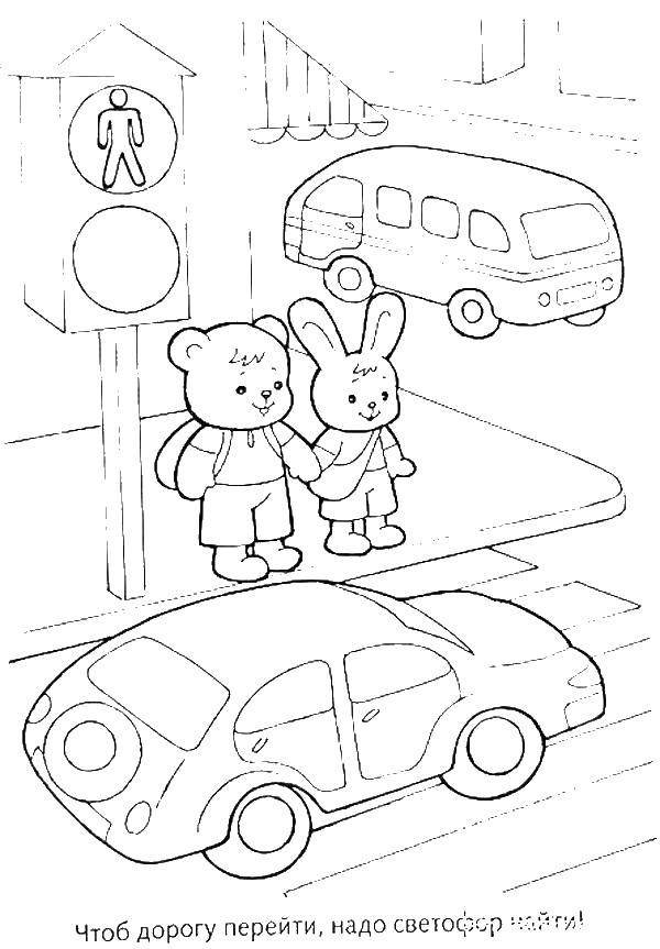 Название: Раскраска Медведь и заяц переходят дорогу. Категория: правила дорожного движения. Теги: дорога, светафор.
