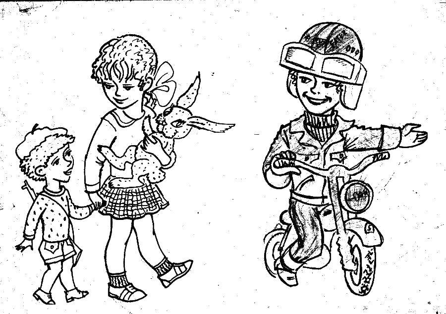 Название: Раскраска Мотоциклист и девушка. Категория: правила дорожного движения. Теги: девушка, мотоциклист, мальчик.