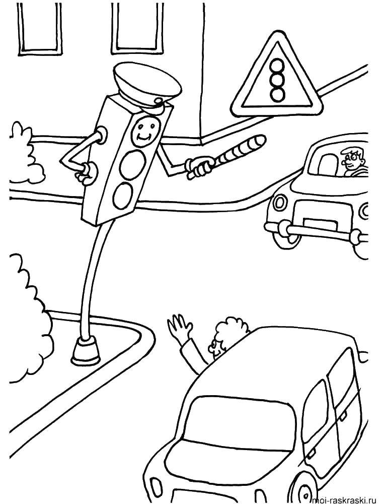 Название: Раскраска Регулируемый перекресток. Категория: правила дорожного движения. Теги: светофор, дорожный знак.
