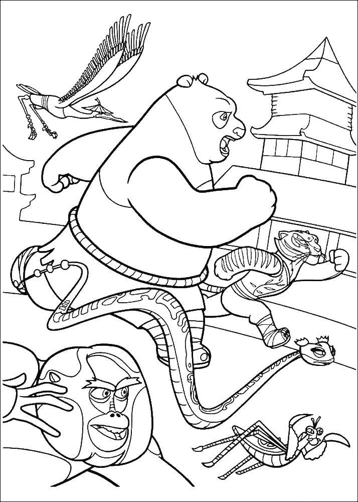 Название: Раскраска Кунг фу мастера идут в атаку. Категория: кунг фу панда. Теги: панда.