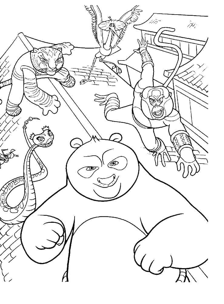 Название: Раскраска Кунг фу панда с командой. Категория: кунг фу панда. Теги: кунг фу панда, команда.