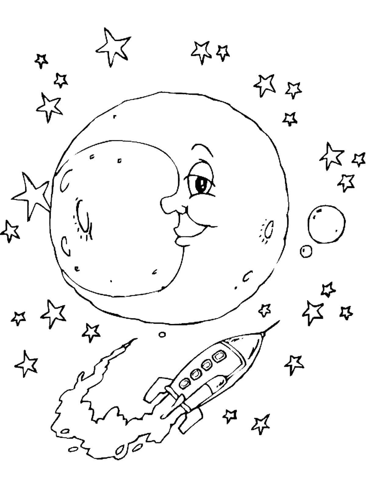 Coloring Flight of a rocket to the moon. Category moon. Tags:  moon.
