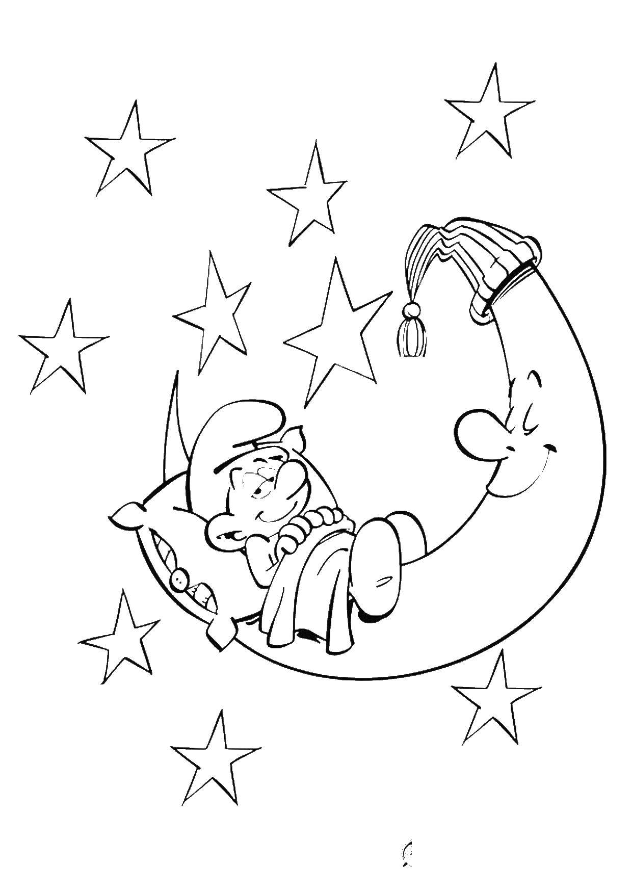 Название: Раскраска Смурфик спит на луне. Категория: луна. Теги: Смурфик, луна.