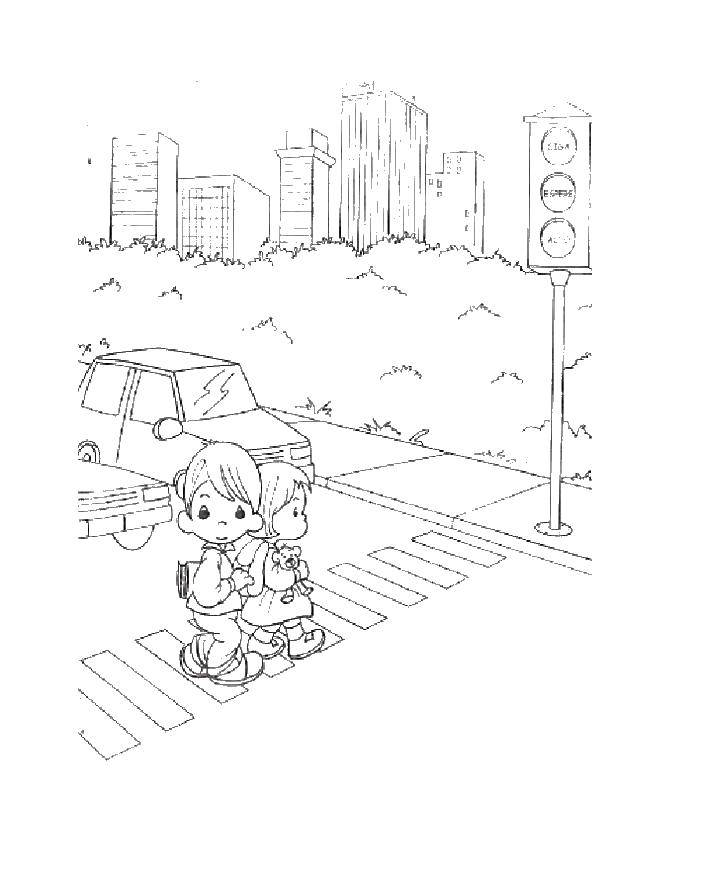 Название: Раскраска Дети переходят дорогу. Категория: светофор. Теги: дети, дорога.