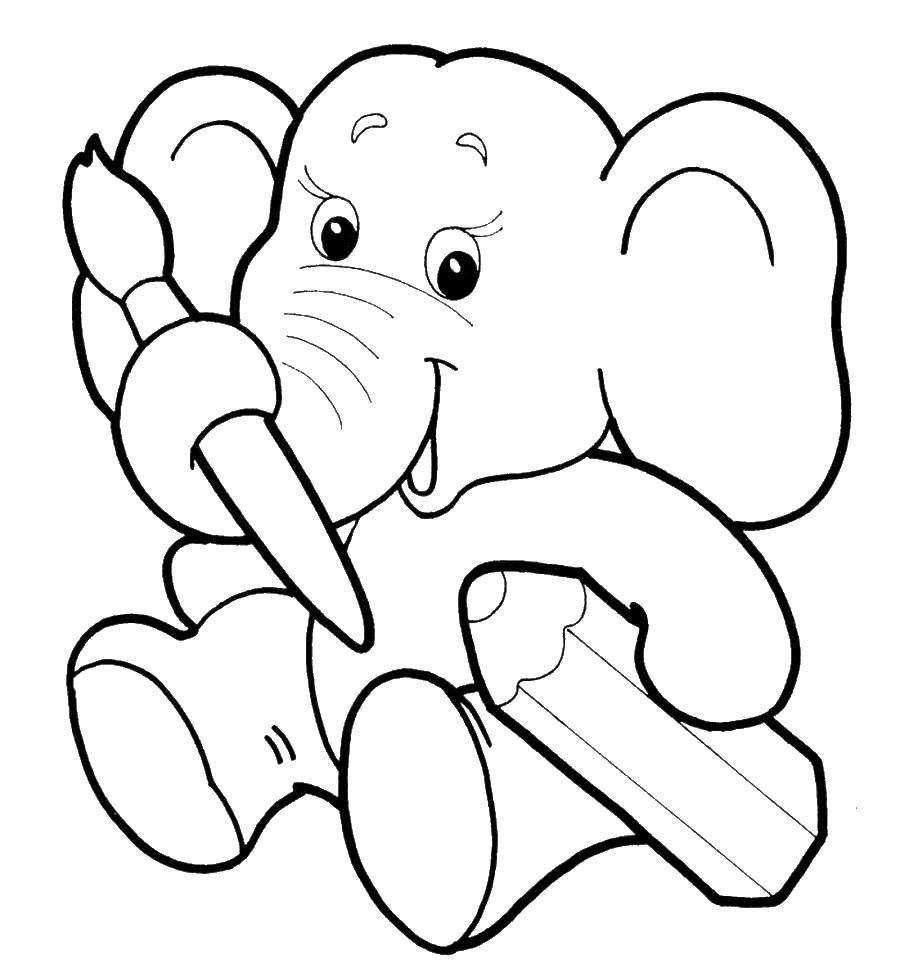 Название: Раскраска Маленький слоненок собрался рисовать. Категория: художник. Теги: слоненок, карандаш.