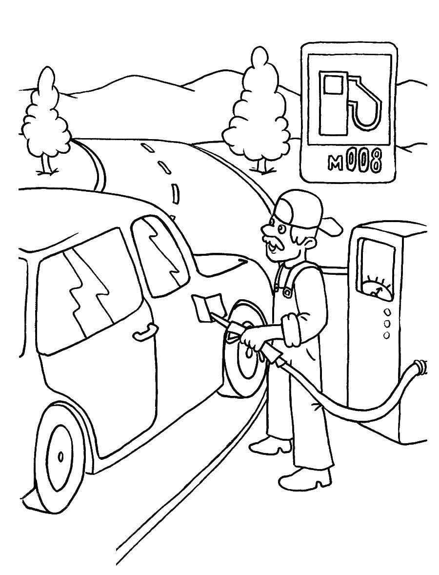 Название: Раскраска Машину заправляют бензином. Категория: правила дорожного движения. Теги: машина, дорога.