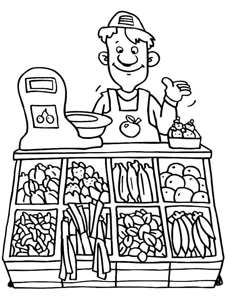 Coloring Seller of fruits and vegetables. Category a profession. Tags:  The seller, a profession.