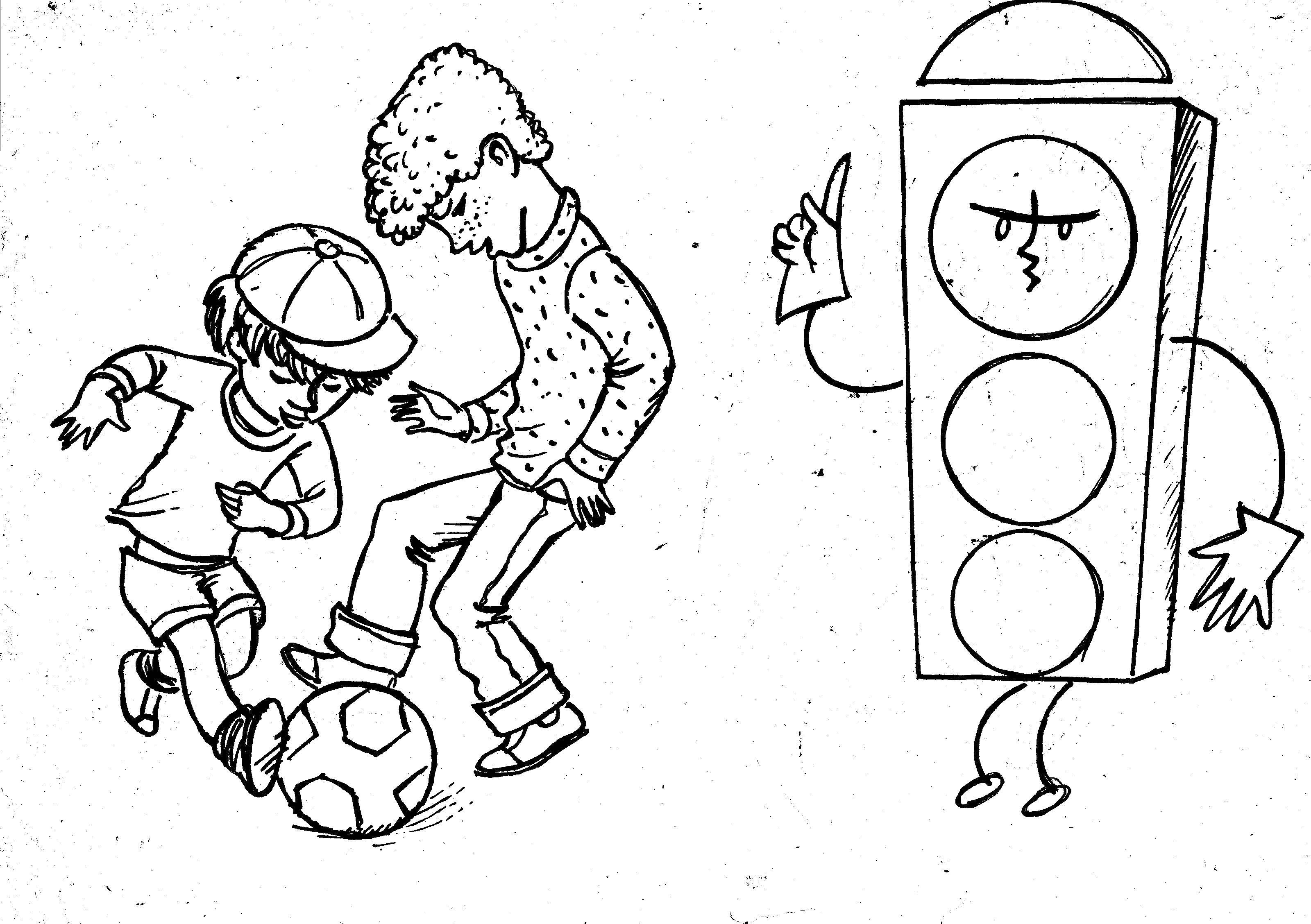 Розмальовки  Діти грають у футбол на дорозі. Завантажити розмальовку світлофор, машина, дорога.  Роздрукувати ,світлофор,
