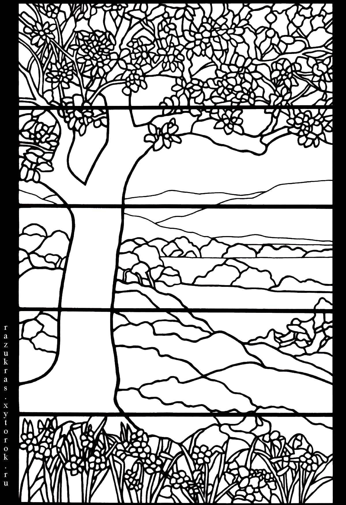 Coloring Tree. Category stained glass. Tags:  stained glass, wood, flowers.