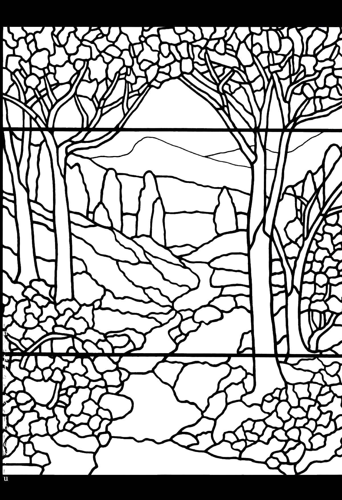 Coloring Trees. Category stained glass. Tags:  stained glass, wood, flowers.