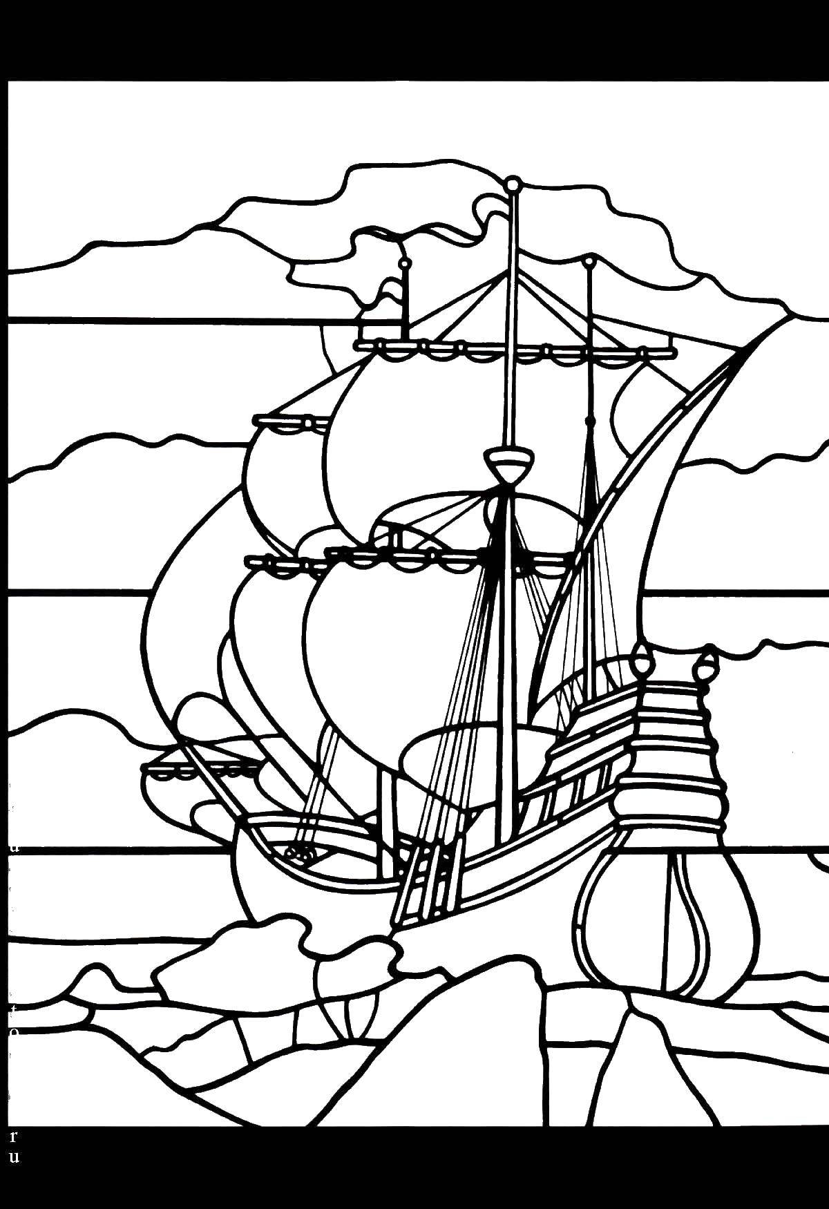 Название: Раскраска Корабль в море. Категория: витражи. Теги: витражи, корабль.