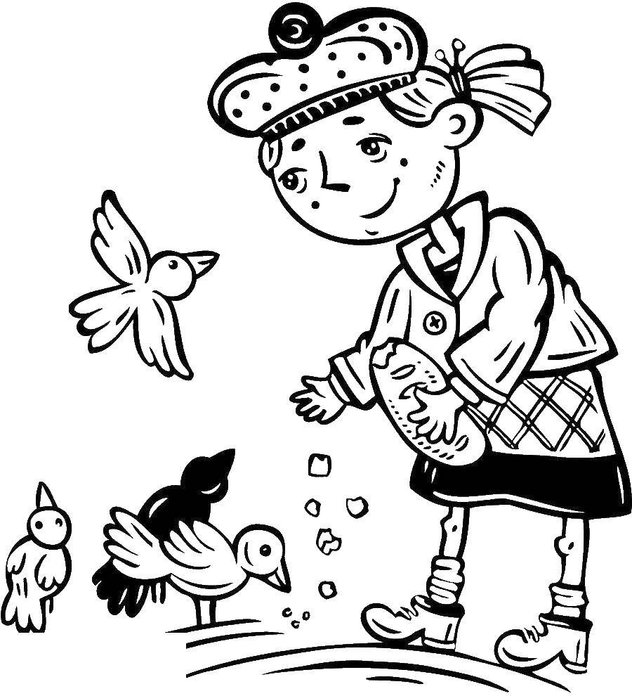Название: Раскраска Девочка кормит птиц хлебом. Категория: дети. Теги: девочка, хлеб, птицы.
