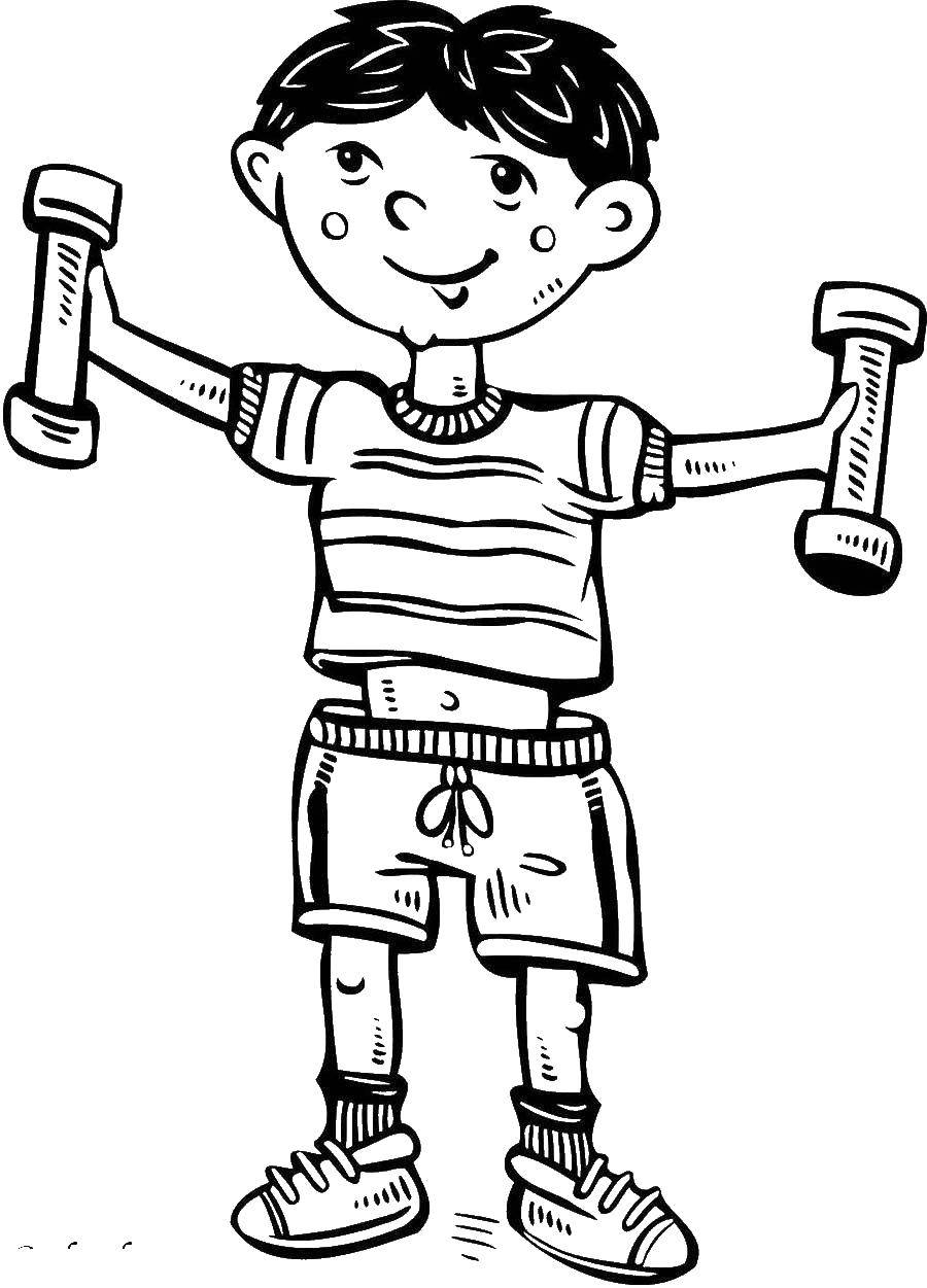 Название: Раскраска Мальчик с гантелями. Категория: спорт. Теги: гантели. мальчик.